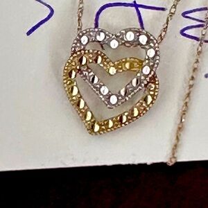 White and yellow gold double heart necklace 10k
